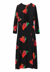 Schwarzes langärmeliges Kleid mit einem floralen Muster in Rot, Orange und Grün. Es hat einen runden Ausschnitt und einen Schlitz auf einer Seite.
