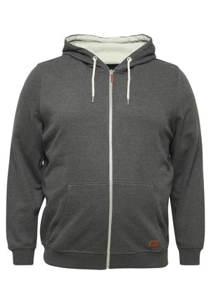 Šedá mikina na zip vyrobená z bavlněné směsi, s kapucí na šnůrku, předními kapsami a koženou nášivkou s logem na lemu.