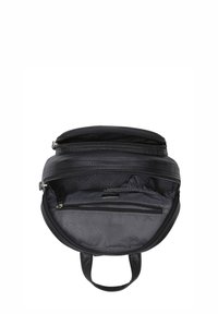 Sac en cuir noir avec deux fermetures éclair, forme ronde, doublure en tissu, poche intérieure zippée, et deux poignées pour le transport. Détails de surface texturés.