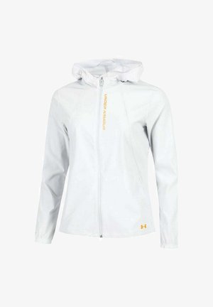 Veste blanche zippée avec capuche, en tissu lisse ; présente le logo Under Armour en doré à l'avant, des poignets élastiques et un ourlet élastique.