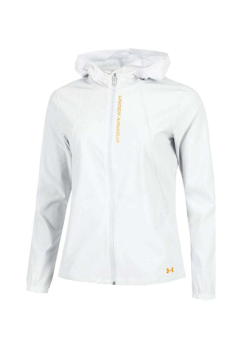 White zip-up jacket with a hood, made of smooth fabric; features Under Armour logo in gold on the front, elastic cuffs, and hem.