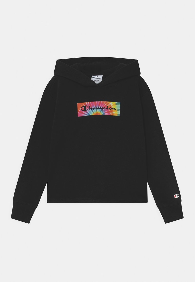 Sweat à capuche noir en coton, avec un patch logo tie-dye coloré "Champion" sur le devant et un petit logo sur la manche.