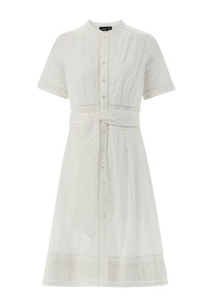 Weißes Kurzarmkleid aus strukturiertem Stoff mit Lochstickerei, ausgestattet mit einer Knopfleiste vorne und einem Gürtel zum Selbstbinden in der Taille.