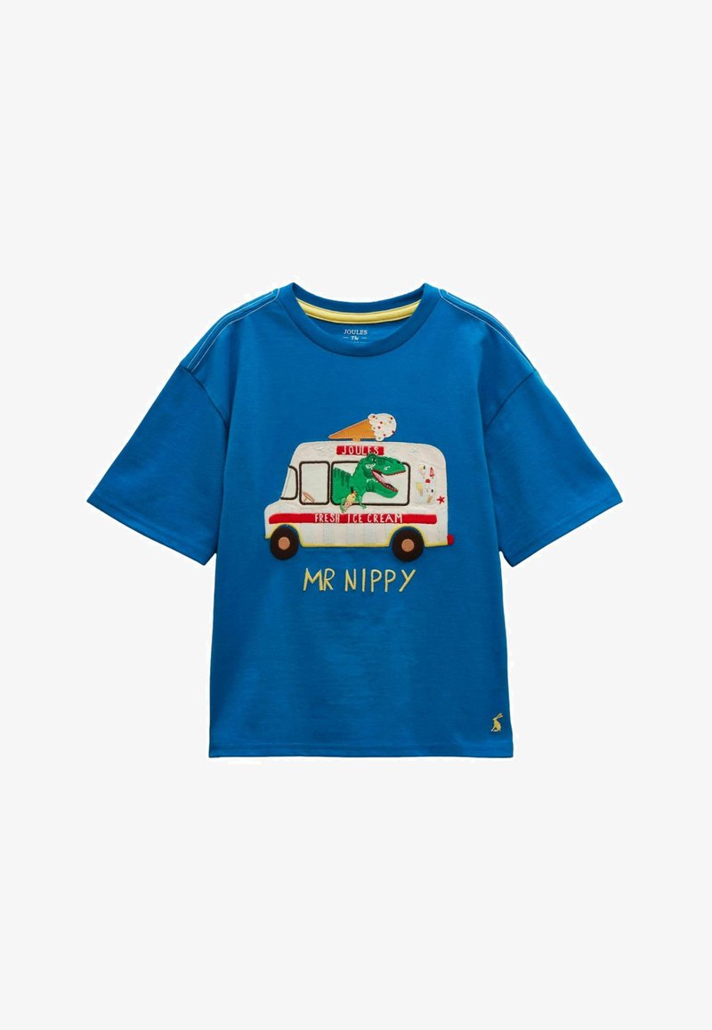 Zils bērnu T-krekls ar ledus krējuma furgona attēlu, kurā ir zaļš dinosau rs un teksts "MR NIPPY" zemāk.