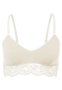 Bralette beige con inserti in pizzo, morbido tessuto, spalline regolabili e design a coppa triangolare. Il pizzo presenta un motivo floreale lungo il fondo.