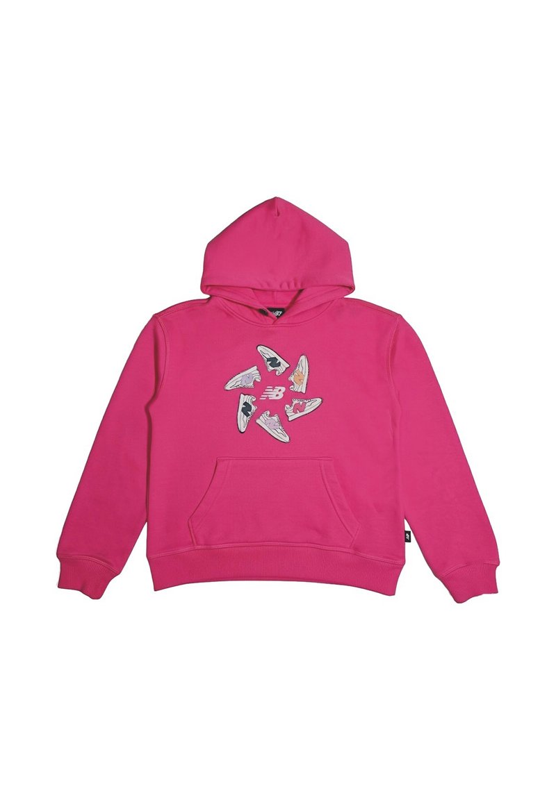 Felpa rosa brillante con tasca frontale e cappuccio con cordino. Presenta un design grafico di vari scarpe disposte in un motivo a stella sul petto.