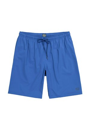 Blaue Shorts mit elastischem Bund und Kordelzug, mittellang, mit einem kleinen rechteckigen Logo-Patch in der Mitte des Bundes und am unteren linken Saum.