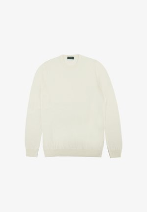 Suéter de punto color crema con cuello redondo, mangas largas y puños y dobladillo acanalados. Textura suave, sin patrones ni hardware notable.