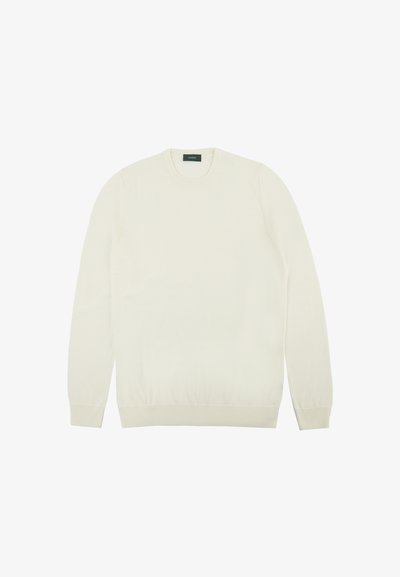 Maglione a maglia color crema con scollo rotondo, maniche lunghe e polsini e orlo a coste. Texture liscia, senza motivi o hardware degni di nota.