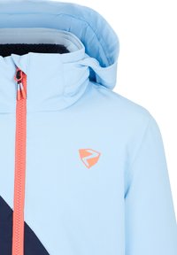 Hellblaue Jacke mit Reißverschluss, mit marineblauen Akzenten und einem orangefarbenen Logo. Strukturiertes Material und Kapuze mit einem weichen Innenfutter.
