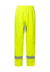Pantaloni da pioggia ad alta visibilità, giallo brillante, cintura elastica, materiale impermeabile, strisce riflettenti sui polsini, design a gamba dritta.