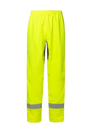 High-visibility rain pants, bright yellow, elastic waistband, waterproof material, reflective stripes at cuffs, straight-leg design.
