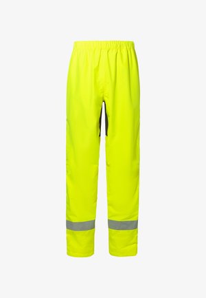 Hoge-zichtbaarheid regenbroek, felgeel, elastische tailleband, waterdicht materiaal, reflecterende strepen bij de manchetten, rechte pijpen.
