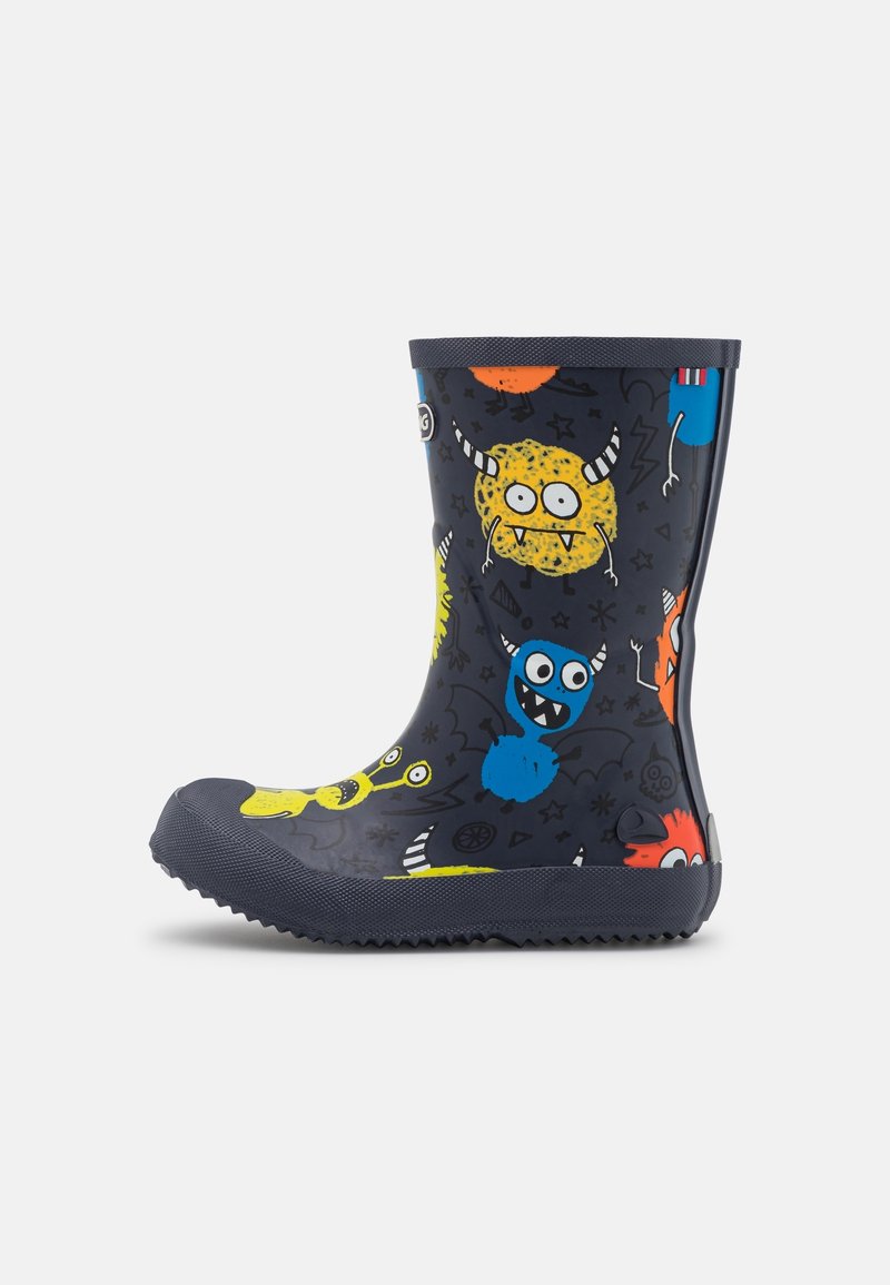 Botte de pluie enfant bleu marine avec des motifs colorés de monstres de dessin animé en jaune, bleu, orange et rouge, semelle texturée et bout arrondi.
