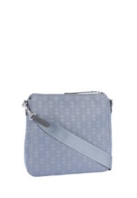 Borsa a tracolla grigia a motivo, realizzata in materiale testurizzato; presenta una chiusura con zip e una tracolla in tessuto regolabile. Forma rettangolare compatta.