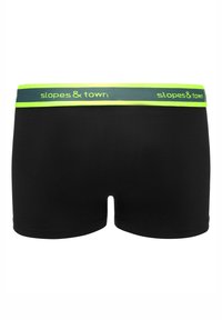 Czarne bokserki o gładkiej fakturze, z szerokim pasem w ciemnoszarym kolorze i intensywnym neonowym zielonym z logo "slopes & town".