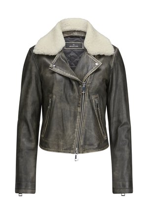 Lederjacke mit Schafswollkragen, dunkelgrün-braune Farbe, asymmetrischer Reißverschluss, zwei seitliche Reißverschlusstaschen und gestepptes Futter.