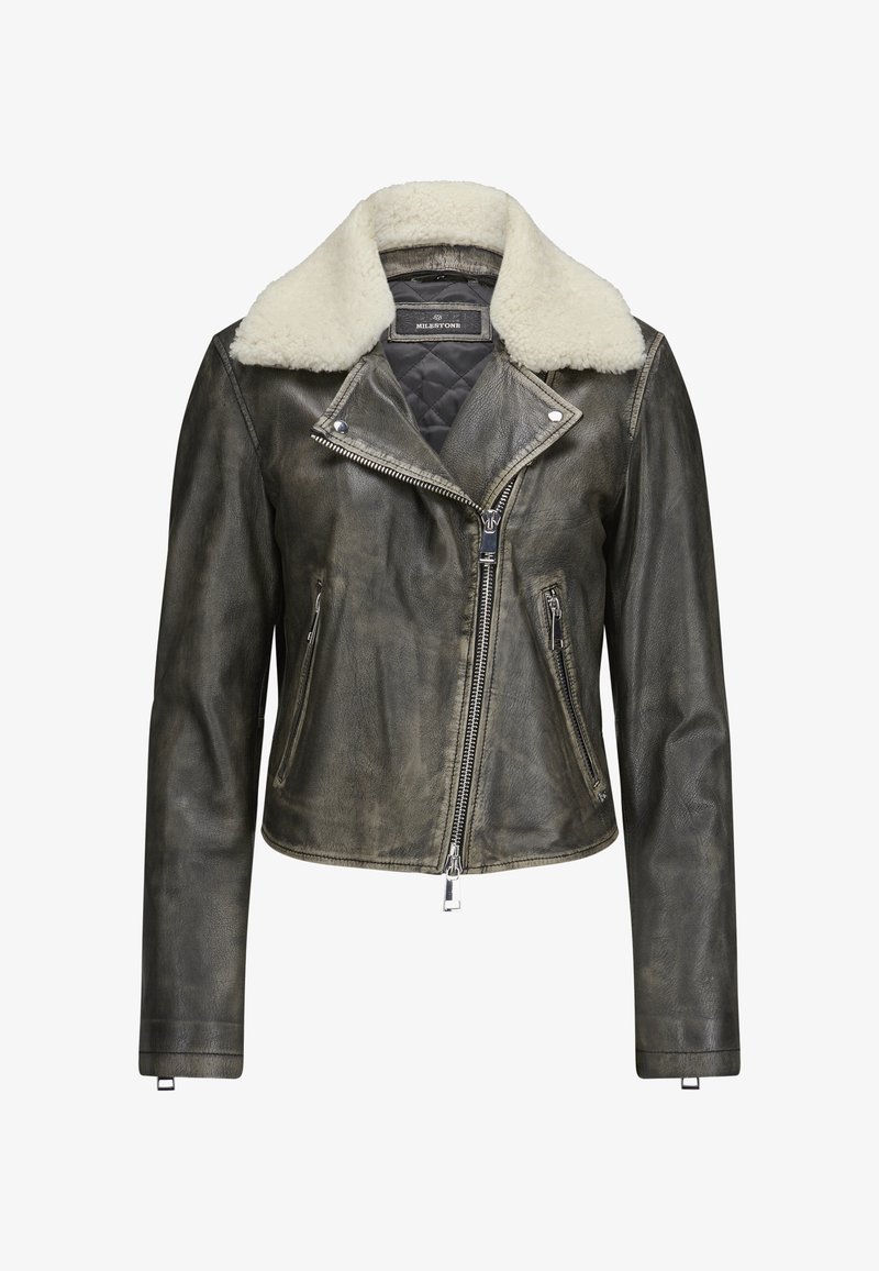 Lederjacke mit Schafswollkragen, dunkelgrün-braune Farbe, asymmetrischer Reißverschluss, zwei seitliche Reißverschlusstaschen und gestepptes Futter.