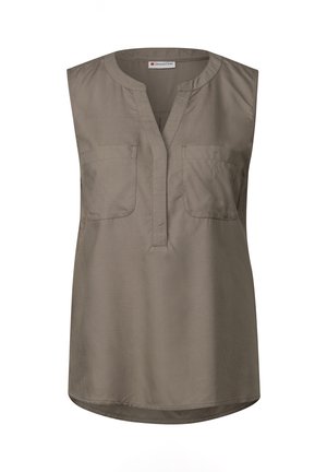 Ärmellose Khaki-Bluse mit durchgeknöpftem Vorderteil, zwei Brusttaschen und abgerundetem Saum. Aus weichem Stoff mit glatter Textur.