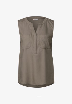 Mouwloze khaki blouse met een knoopsluiting, twee borstzakken en een afgeronde zoom. Gemaakt van zachte stof met een gladde textuur.