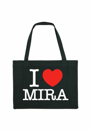 Borsa tote nera con due manici robusti, presenta il testo bianco "I" e "MIRA" con un simbolo di cuore rosso in mezzo.