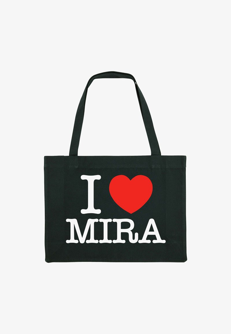 Sac fourre-tout noir avec deux poignées robustes, portant le texte blanc "I" et "MIRA" avec un symbole de cœur rouge entre les deux.