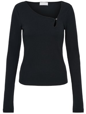 Μαύρο ριπ πλεκτό τοπ με μακριά μανίκια, ασύμμετρο ντεκολτέ και μικρή λεπτομέρεια με κουμπί-κλειδί στη δεξιά πλευρά.