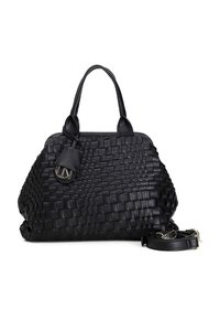 Borsa a tracolla in pelle intrecciata nera con doppi manici, tracolla rimovibile e un'elegante accentatura con logo rotondo. Superficie testurizzata con una forma ben strutturata.