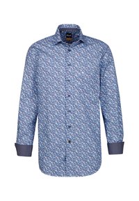 Camicia a maniche lunghe blu con un motivo floreale in diverse tonalità di blu, polsini a quadretti bianco e nero e bottoni neri.