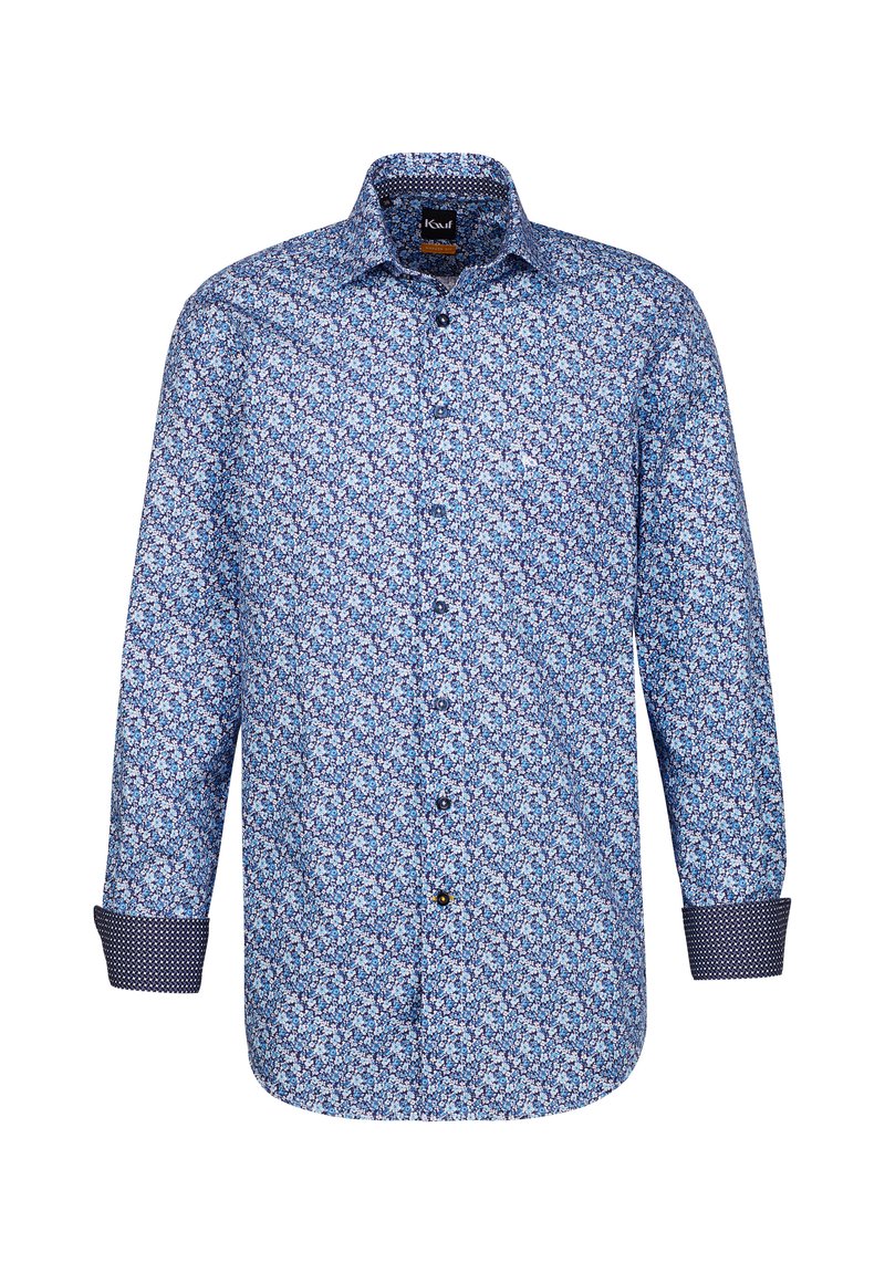 Camicia a maniche lunghe blu con un motivo floreale in diverse tonalità di blu, polsini a quadretti bianco e nero e bottoni neri.