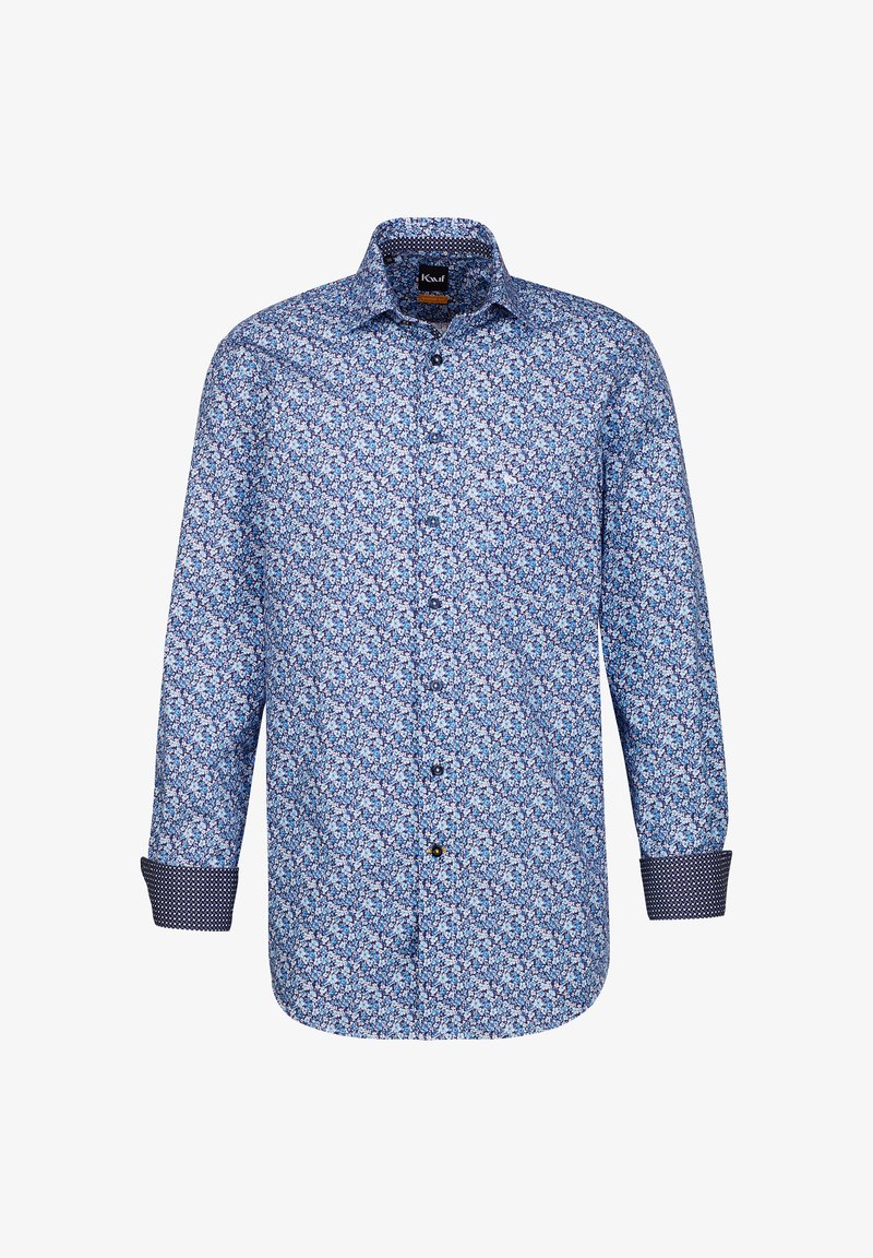 Camicia a maniche lunghe blu con un motivo floreale in diverse tonalità di blu, polsini a quadretti bianco e nero e bottoni neri.