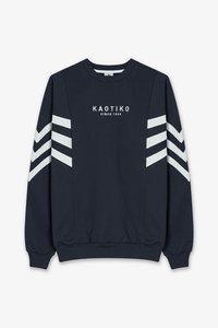 Mornarica dukserica s bijelim natpisom "KAOTIKO SINCE 1999" na prsima, s bijelim chevron prugama na rukavima i rebrastim manžetama.