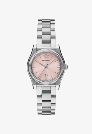 Edelstahlarmbanduhr mit polierter Gehäuse, rosafarbenem Zifferblatt, silbernen Stundenmarkierungen, Datumsanzeige und einem gebürsteten Metallarmband.