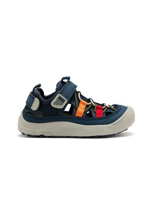 Infradito blu navy con tomaia in rete, dettagli arancioni e rossi, cinturino regolabile e suola in gomma beige con battistrada texturizzato.