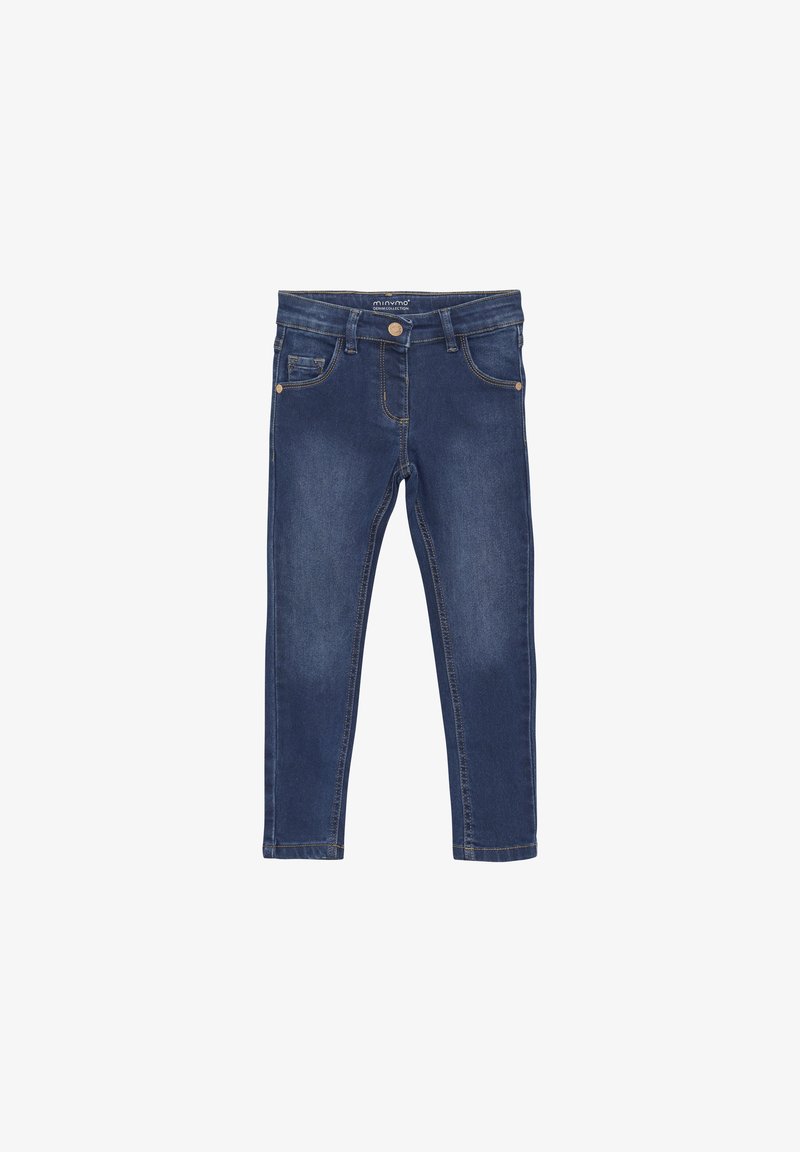 Jean en denim bleu foncé, coupe slim, pour enfants, avec poches avant, passants pour ceinture et fermeture par bouton.