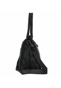 Borsa a tracolla in pelle nera con doppio manico e tracolla larga removibile, con logo in rilievo, mostrata di profilo su sfondo bianco.