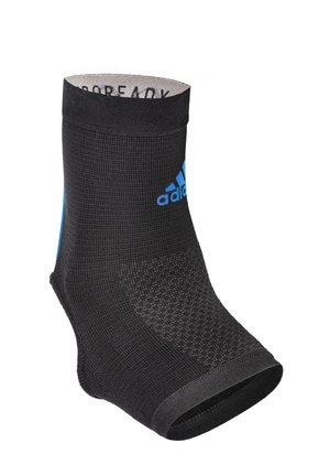 Black athletic sock with a textured knit design, featuring a blue Adidas logo on the outer side and a reinforced toe area.