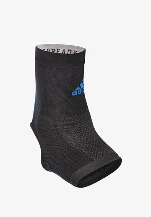 Black athletic sock with a textured knit design, featuring a blue Adidas logo on the outer side and a reinforced toe area.