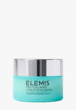 Barattolo blu di crema contorno occhi Elemis Pro-Collagen Vitality Replenishing con coperchio argento su sfondo bianco.