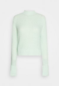 Minzgrüner, gestrickter Pullover mit hohem Kragen, langen Ärmeln und gerippten Bündchen. Die strukturierte Webart verleiht dem Design visuelles Interesse.
