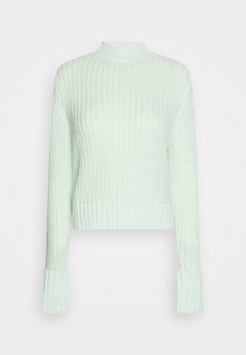 Minzgrüner, gestrickter Pullover mit hohem Kragen, langen Ärmeln und gerippten Bündchen. Die strukturierte Webart verleiht dem Design visuelles Interesse.
