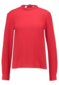 Röd långärmad blus med hög krage och knytning bak. Slät textur och lös passform, utformad för komfort och rörelsefrihet.