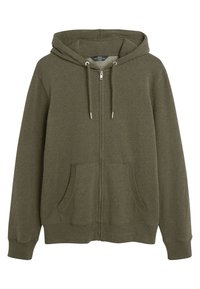 Felpa con zip verde oliva in tessuto morbido e testurizzato. Caratterizzata da un cappuccio con cordoncino, tasche frontali e polsini a coste. Design semplice.