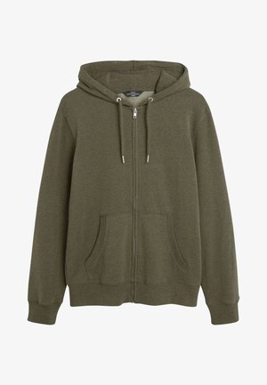 Olive green zip-up hoodie in soft, textured fabric. Features a drawstring hood, front pockets, and ribbed cuffs. Unadorned design.