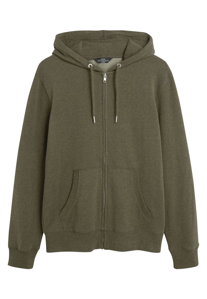 Felpa con zip verde oliva in tessuto morbido e testurizzato. Caratterizzata da un cappuccio con cordoncino, tasche frontali e polsini a coste. Design semplice.