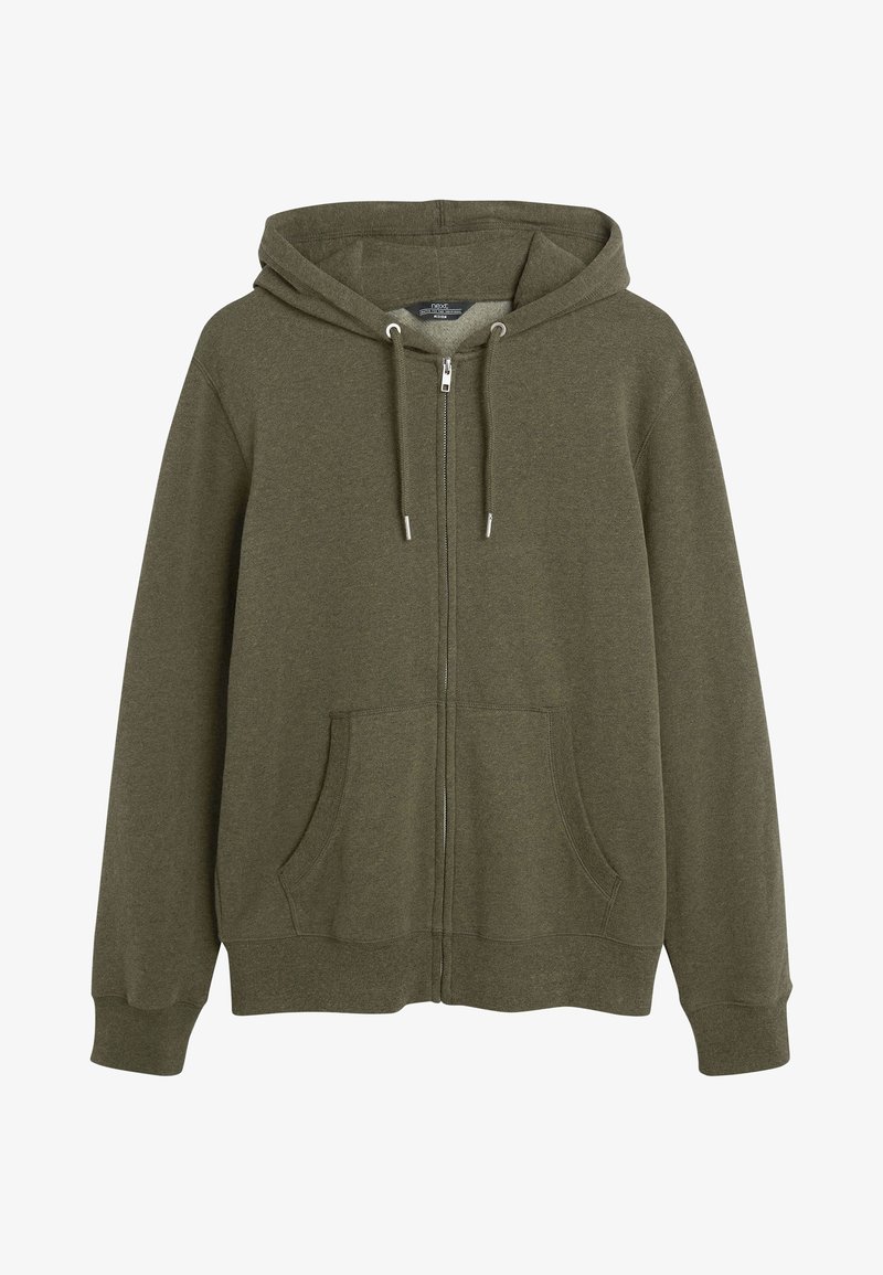 Olivgrüne Zip-Hoodie aus weichem, strukturiertem Stoff. Mit einer Kapuze mit Kordelzug, Fronttaschen und gerippten Bündchen. Schlichtes Design.