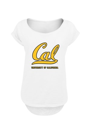 White short-sleeve t-shirt featuring a yellow "Cal" logo and "University of California" in black below, with a relaxed fit and curved hem.