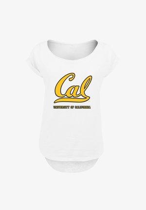 White short-sleeve t-shirt featuring a yellow "Cal" logo and "University of California" in black below, with a relaxed fit and curved hem.