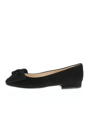 Black suede ballet flat with a rounded toe and a small bow detail on the front. Low, sleek heel for comfort and stability.