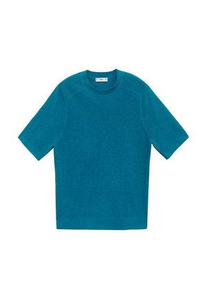 T-shirt a maniche corte in cotone di colore teal con scollatura tonda, caratterizzato da una vestibilità rilassata e una texture a coste sul colletto e sulle maniche.